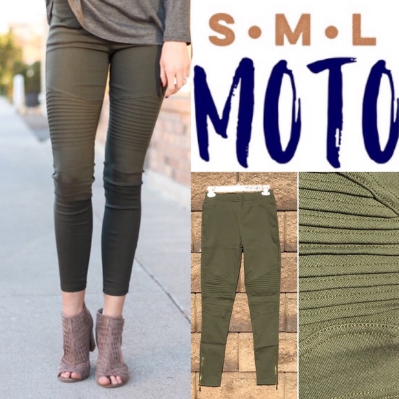 Pants - Olive Moto Jeggings Skinny Jeans Leggings Zipper